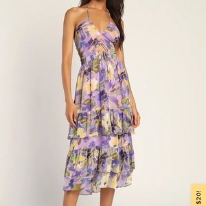 Vividly Vibing Purple Floral Tiered Cutout Halter Midi Dress